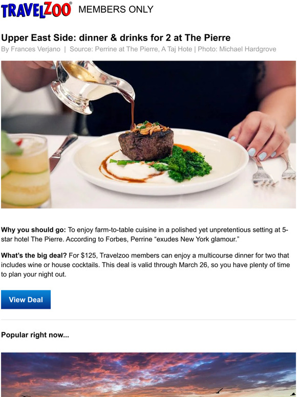 Travelzoo Upper East Side dinner & drinks for 2 at The Pierre Milled