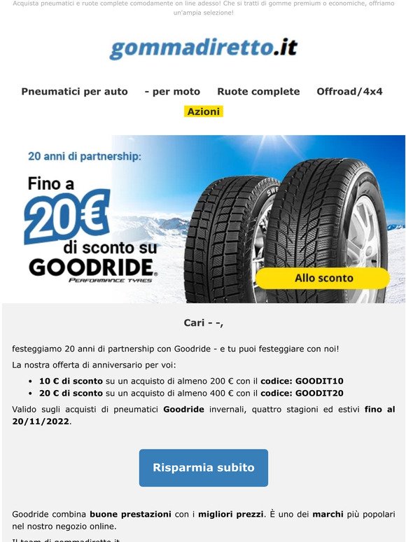 Fino a 20 € di sconto sui pneumatici Goodride!