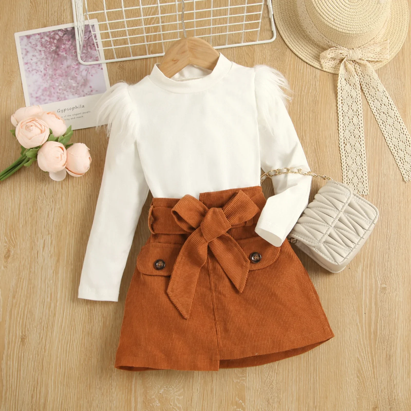 Image of Fur Sleeve Sophisticated Toddler Girl Outfit