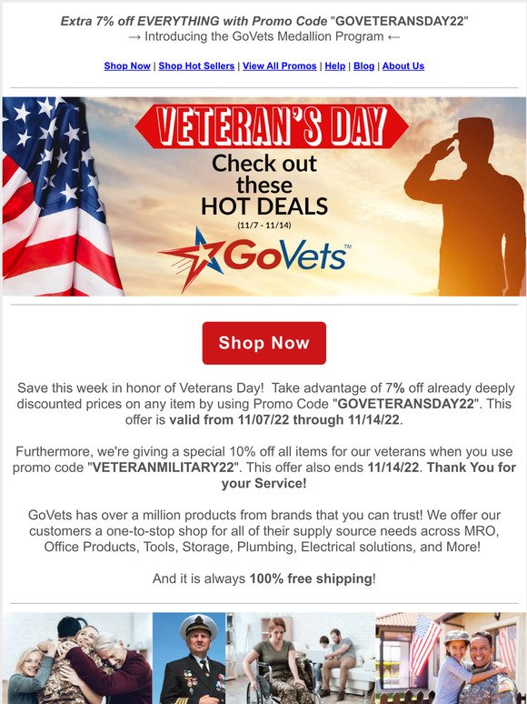 GoVets - Veterans Day Sale!  7%-10% Coupon Inside + 100% Free Shipping