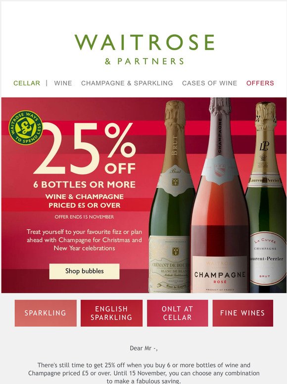 25% off 6 bottles of Champagne and sparkling