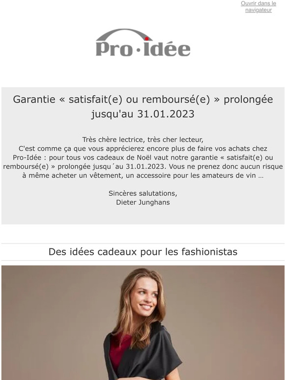 Le shopping chez Pro-Idée devient encore plus agréable – avec une garantie de retour jusqu´au 31.01.2023