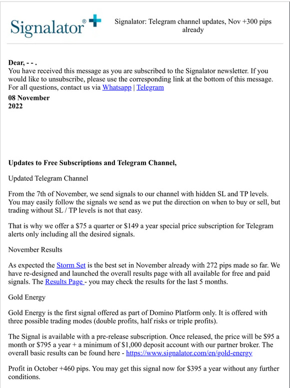 Signalator: Telegram channel updates, Nov +300 pips already