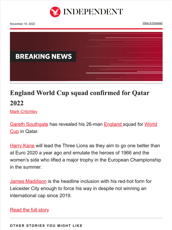 The Independent England World Cup Squad Confirmed For Qatar 2022 Milled