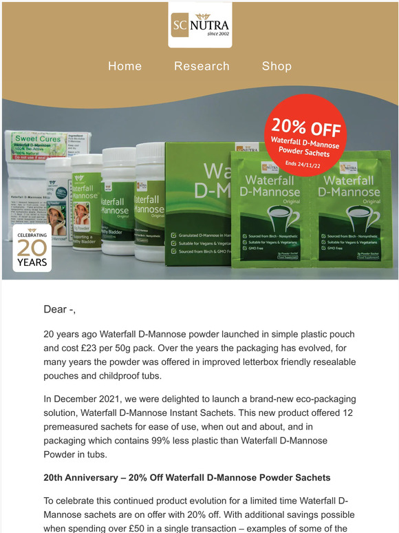 20% Off Waterfall D-Mannose Powder Sachets - 20 Years of Waterfall D-Mannose