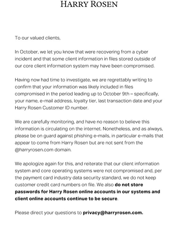 Harry Rosen An Update From Harry Rosen Milled