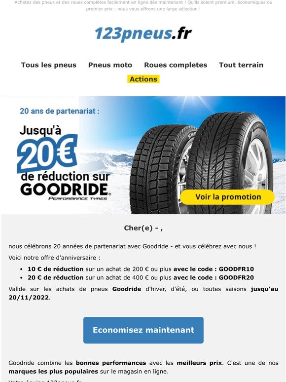 Jusqu'à 20 € de réduction sur les pneus Goodride !