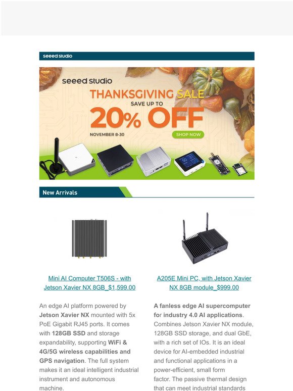 🍁Up to 20% off - Thanksgiving SALE is on! Shop XIAO,reComputer,reServer and Grove NOW!💻 New arrived 5xPoE Jetson NX edge box and AGX Orin full system