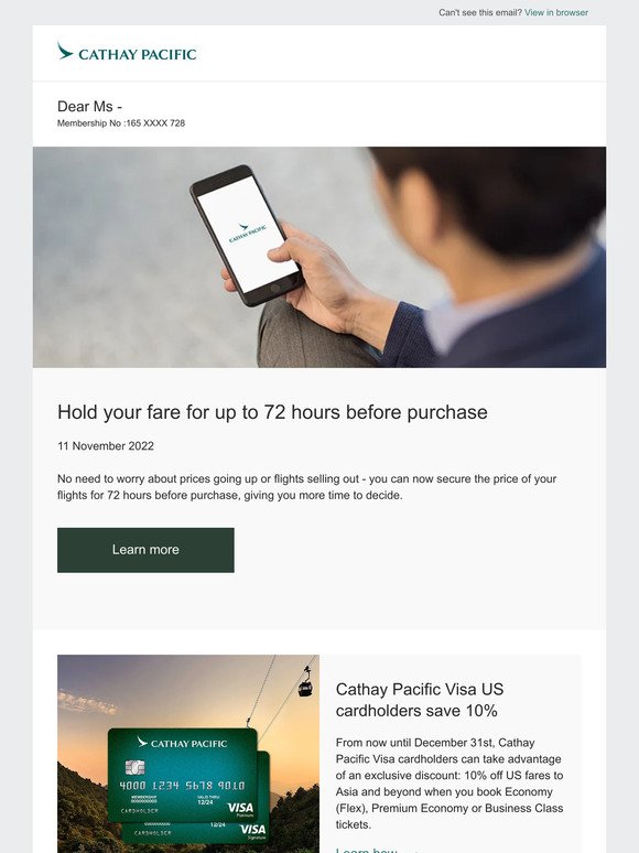Secure your fare in advance, Cathay Pacific Visa card holders save 10%, and more