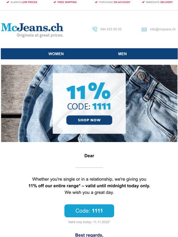 TODAY ONLY: 11% discount on everything! McJeans.ch – free shipping