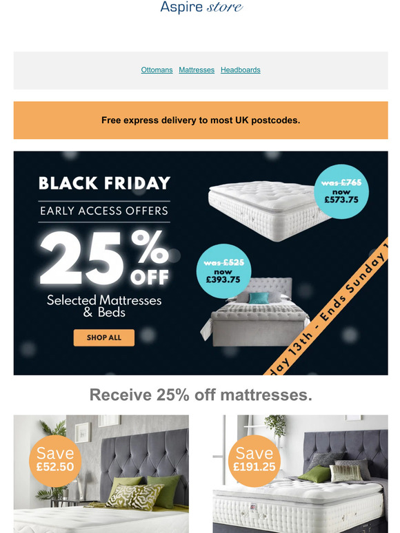 Ends Sunday - 25% off selected beds, ottomans & mattresses.