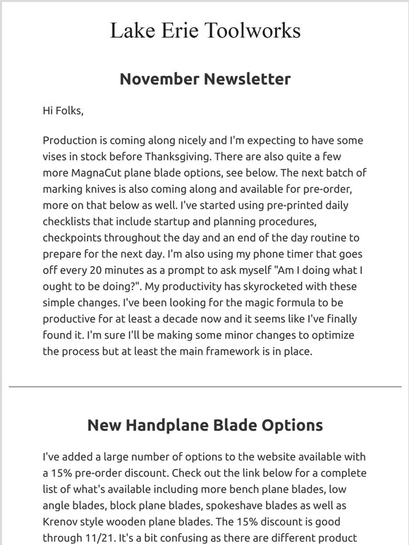 November Newsletter - Production update, new MagnaCut Plane Blade options and Marking Knife news