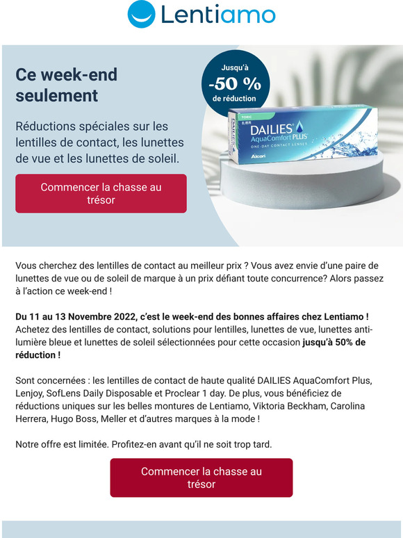 Ce week-end seulement : jusqu’à 50 % de réduction sur les lentilles, lunettes, lunettes de soleil et plus encore ! 🔥
