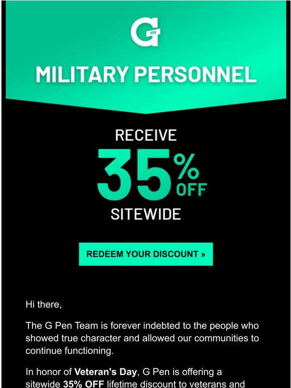 35% off for veterans & essential workers