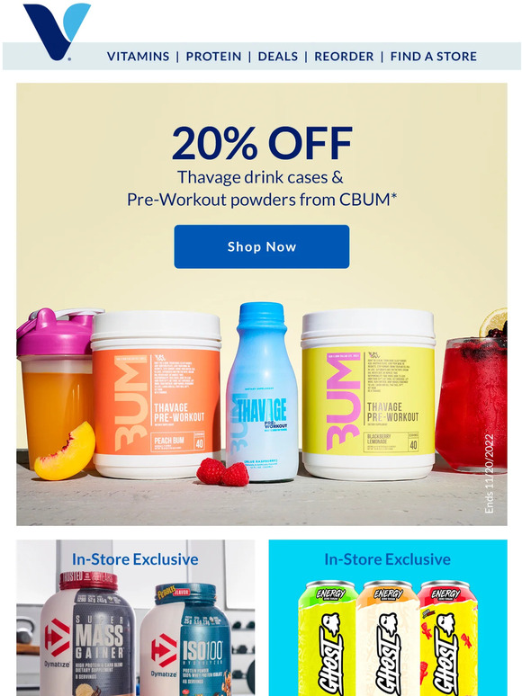 Vitamin Shoppe 20 off Thavage preworkouts & drinks Milled