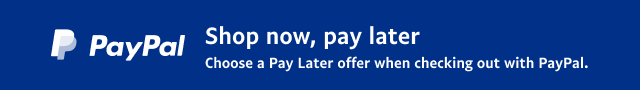 A blue banner with a white PayPal logo that reads, “Shop now, pay later. Choose a Pay Later offer when checking out with PayPal.”