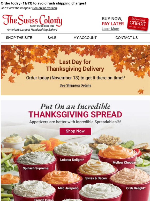 Swiss Colony Last Day for Thanksgiving Delivery Milled