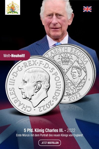 Jetzt lieferbar — 50 Pence und 5 Pfund König Charles III. in bfr.