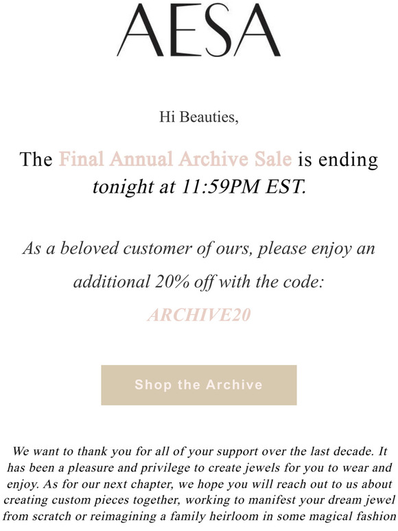 20% off for the FINAL day of the Annual Archive Sale