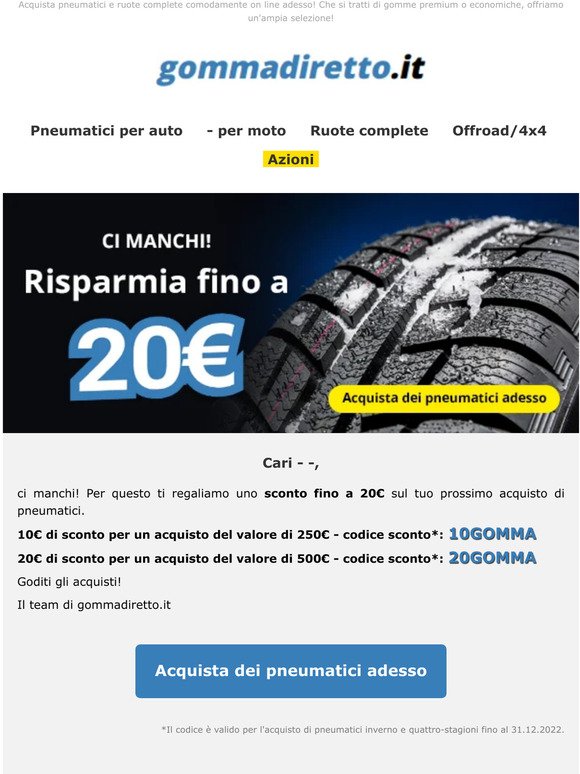 20 € di sconto sul tuo prossimo acquisto di pneumatici!
