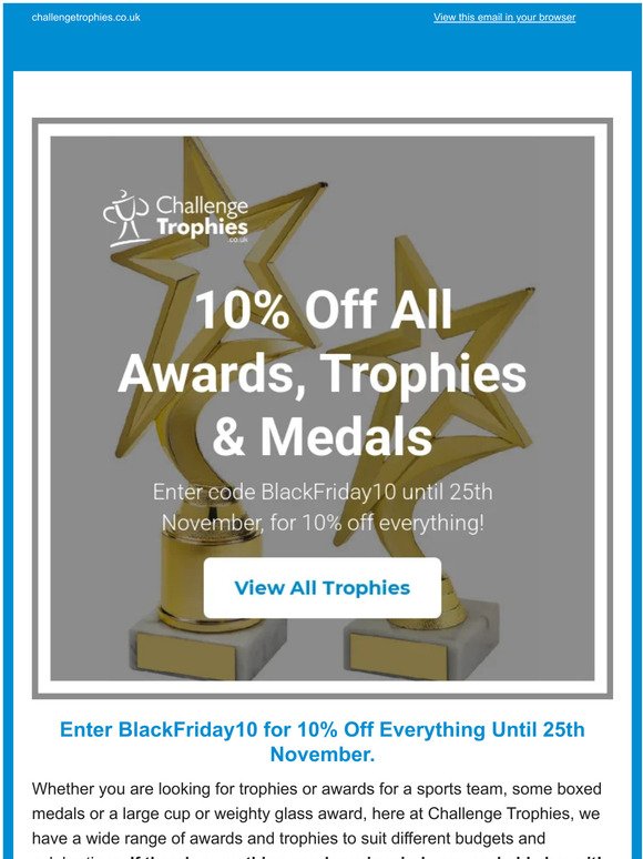 Black Friday Offer | 10% Off All Trophies, Medals & Awards