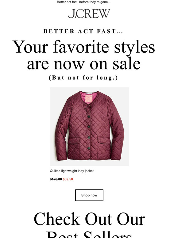 J.Crew Price drop! The Quilted lightweight lady jacket is now on sale
