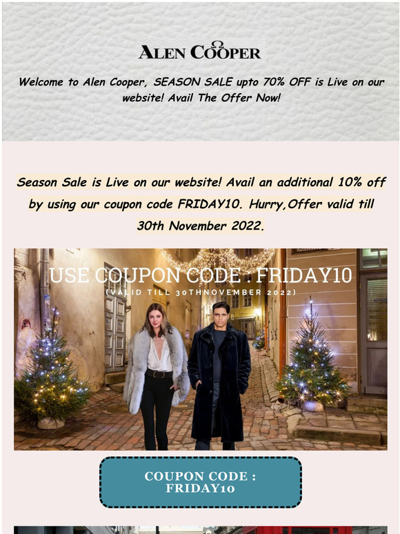 Welcome to Alen Cooper, Season Sale upto 70% OFF is Live on our website! Avail The Offer Now!