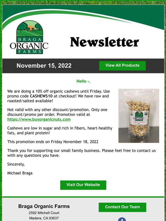 10% off organic cashews until Friday