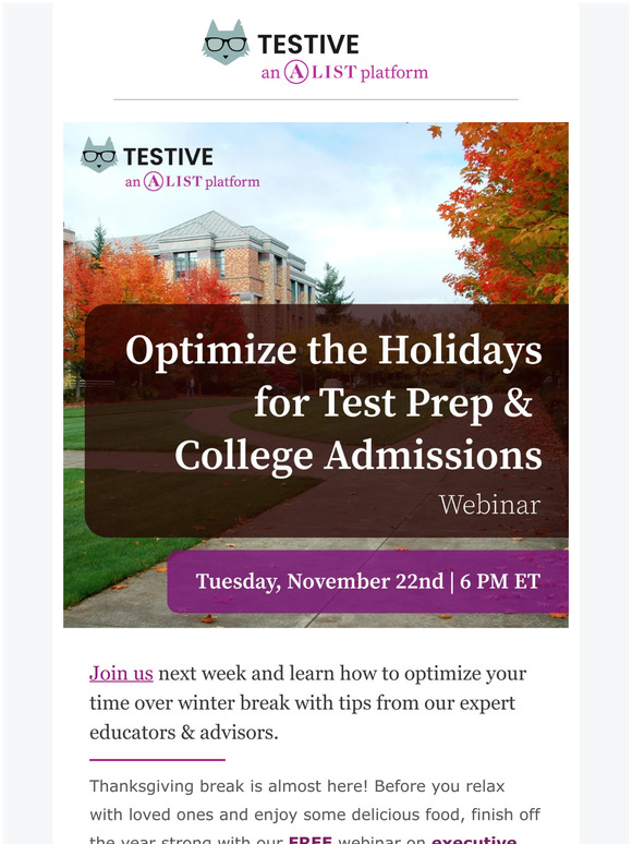 Free Webinar! Optimize the Holidays for Test Prep & College Admissions