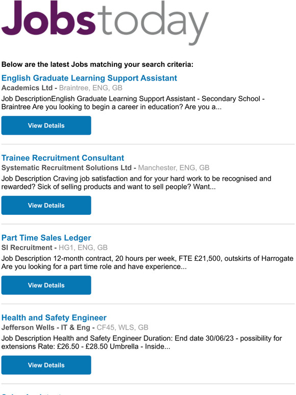 Your daily Job Alert from JobsToday