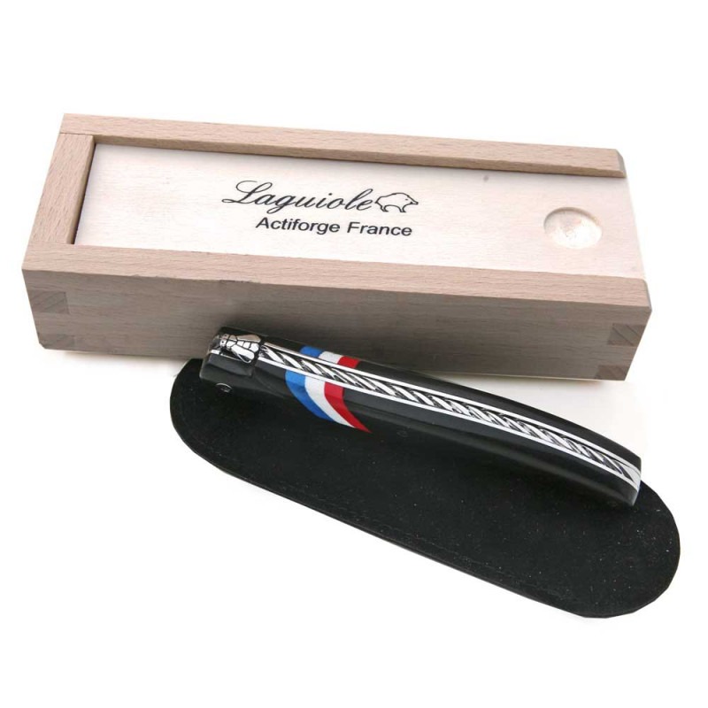 LAGUIOLE MANCHE EN BOIS D'ÉBÈNE AVEC DRAPEAU FRANÇAIS 12CM+ UN COFFRET BOIS+ UN ÉTUI SUÉDINE