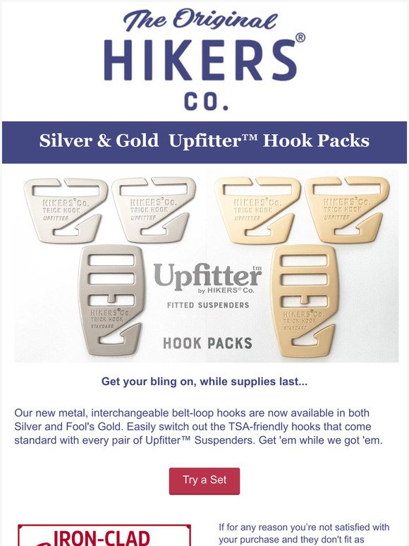 Don't miss out: Silver & Gold metal hook packs for your Upfitter Suspenders