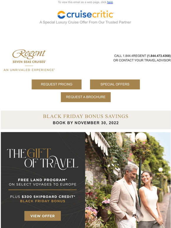 NEW BLACK FRIDAY BONUS - $300 Shipboard Credit & FREE Land Program in Europe