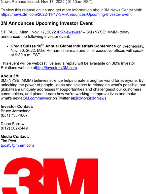 3M Announces Upcoming Investor Event
