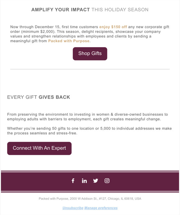 New customers enjoy $150 off corporate gift order