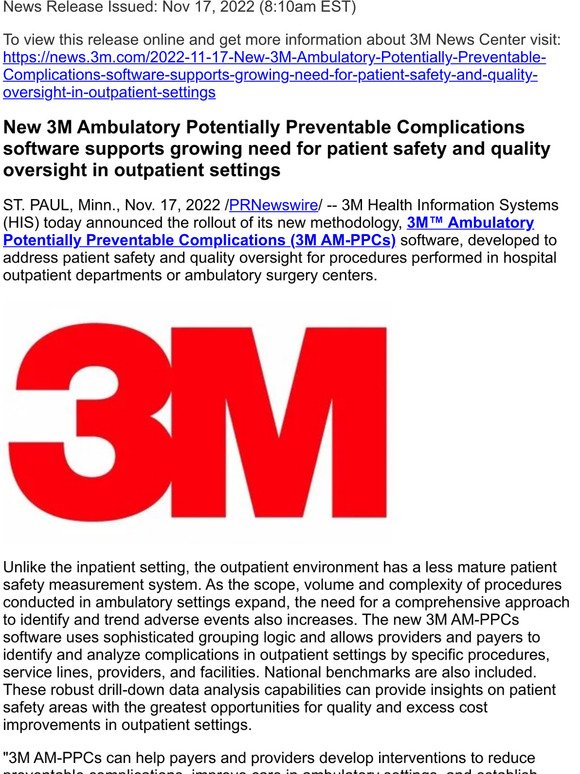 New 3M Ambulatory Potentially Preventable Complications software supports growing need for patient safety and quality oversight in outpatient settings