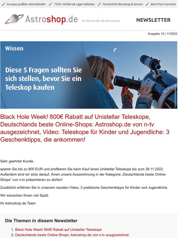 🔭Black Hole Week! 800€ Rabatt auf Unistellar Teleskope, Astroshop.de von n-tv ausgezeichnet, Video: 3 Geschenktipps, die ankommen!🌖
