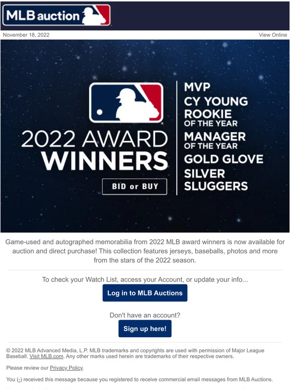 MLB Shop 2022 Award Winners Auction Bid or Buy! Milled