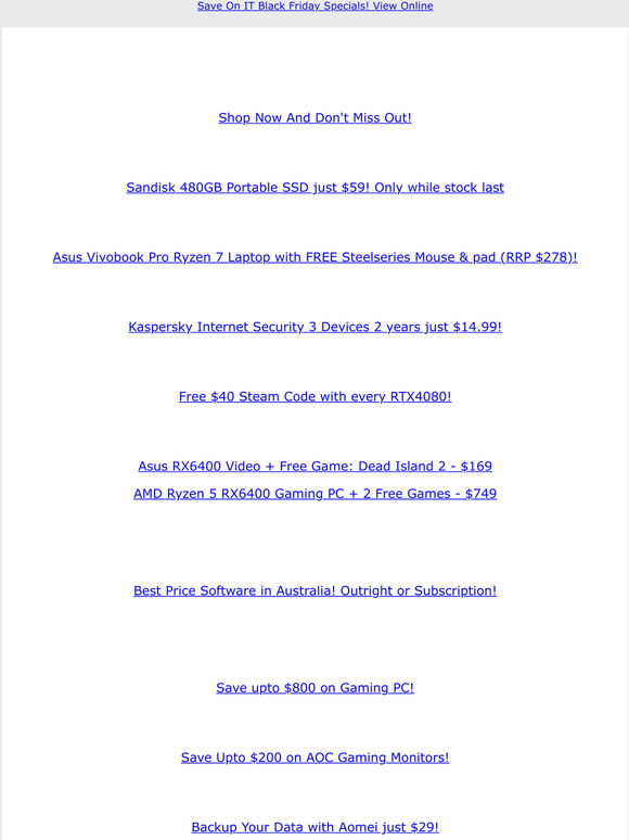 Black Friday Sale! 480G USB SSD $59 | Asus R7 Laptop Free SteelSeries | Save Upto $800 Gaming PC | RTX4080 free $40 Steam Code