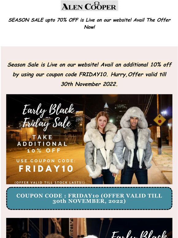 Welcome to Alen Cooper, Season Sale upto 70% OFF is Live on our website! Avail The Offer Now!