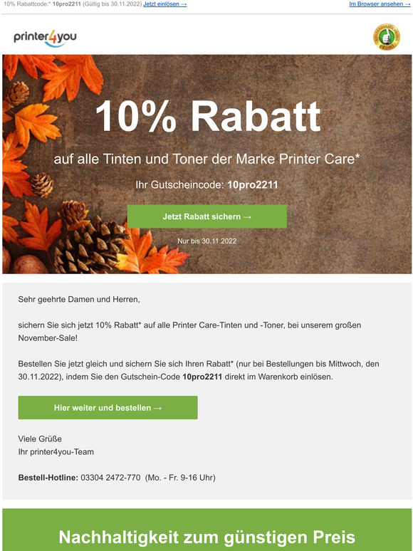 Jetzt 10% Rabatt auf Printer Care-Tinten & Toner sichern!