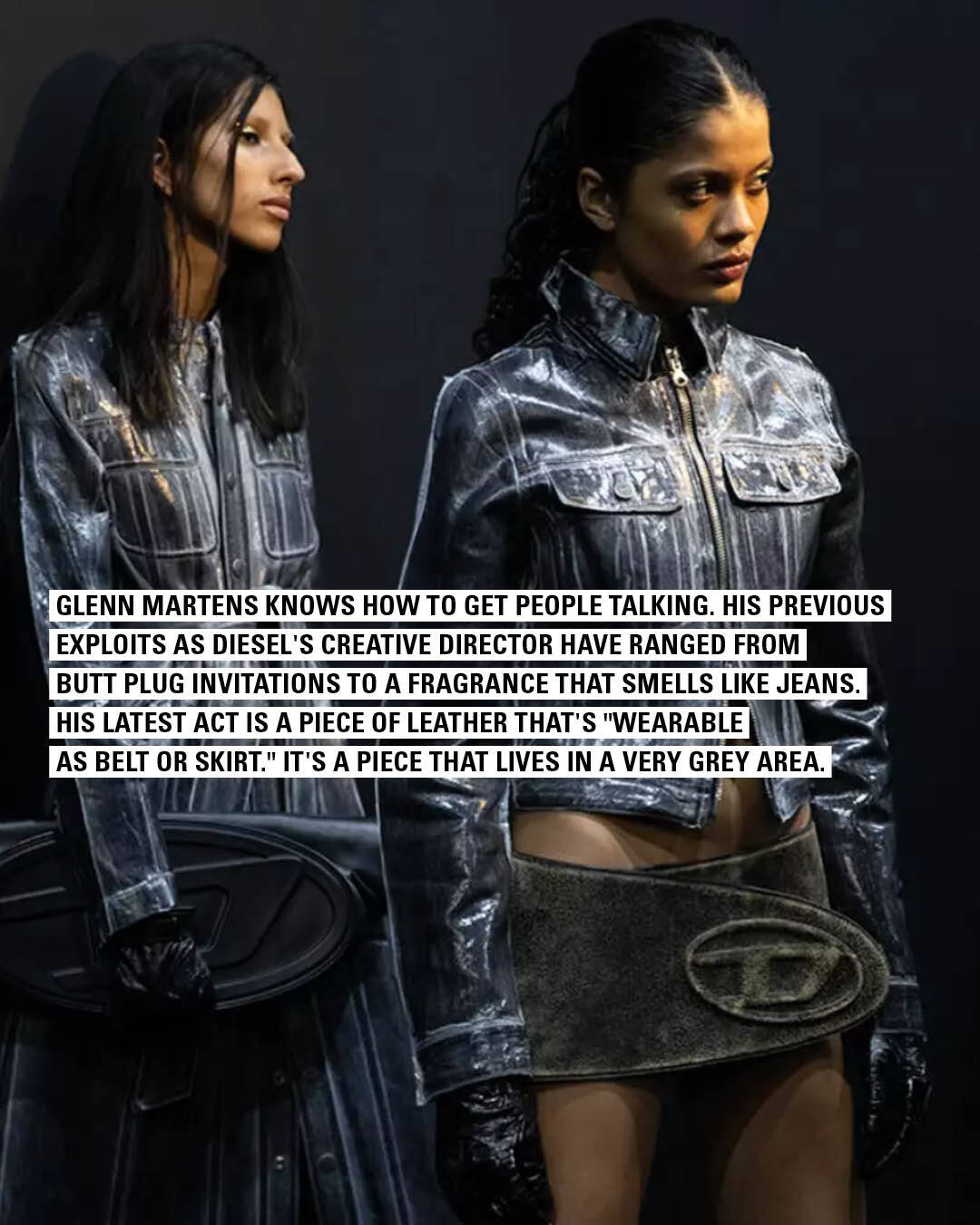 models wearing diesel leather set and berny skirt