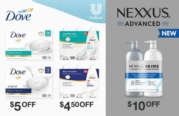 Unilever Dove $5 OFF Beauty Bars, $4.50 OFF Body Wash, $10 OFF NEXXUS Advanced