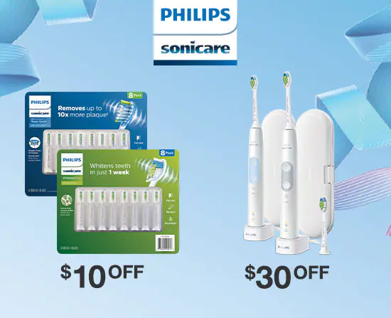 $10 off Phillips Sonicare Toothbrush Replacement Brush Heads and $30 off Phillips Sonicare Optimal Clean Rechargeable Toothbrush 2 Pack