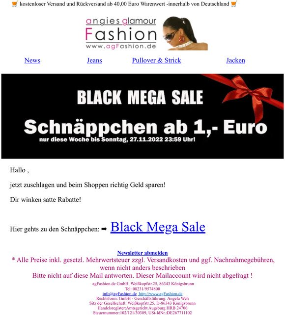 agFashion.de: Black Mega Sale 💥 Schnäppchen ab 1,00 Euro 💥
