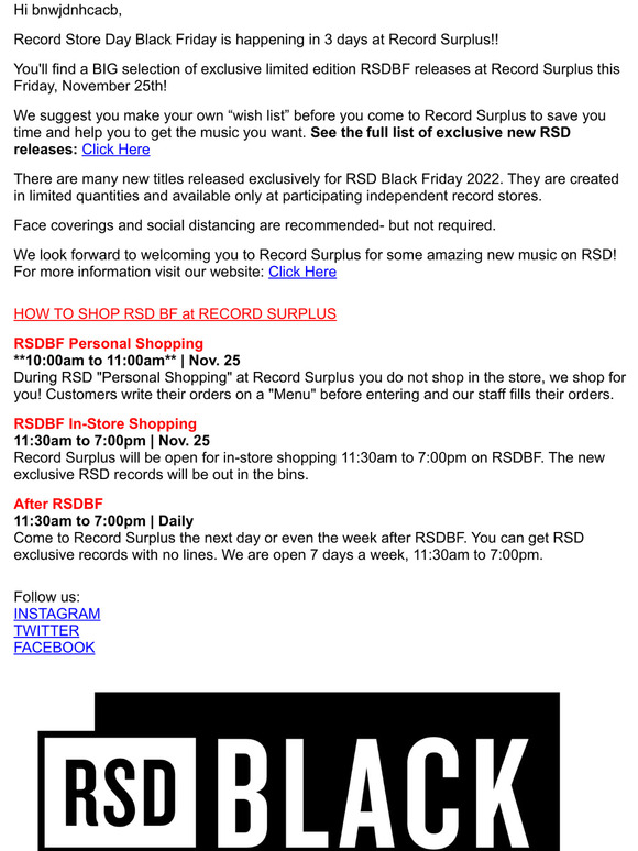 3 MORE DAYS until RSD Black Friday at Record Surplus!