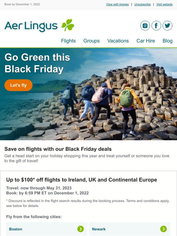 ☘️ Go Green this Black Friday with $100* off flights to Europe!