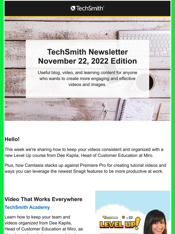 TechSmith News: New Level Up Course, Camtasia vs. Premiere Pro, How to Make a Custom Video Intro, & More!