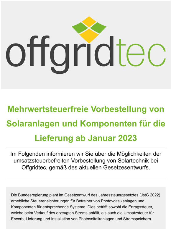 Solartechnik - Jetzt mehrwertsteuerfrei vorbestellen