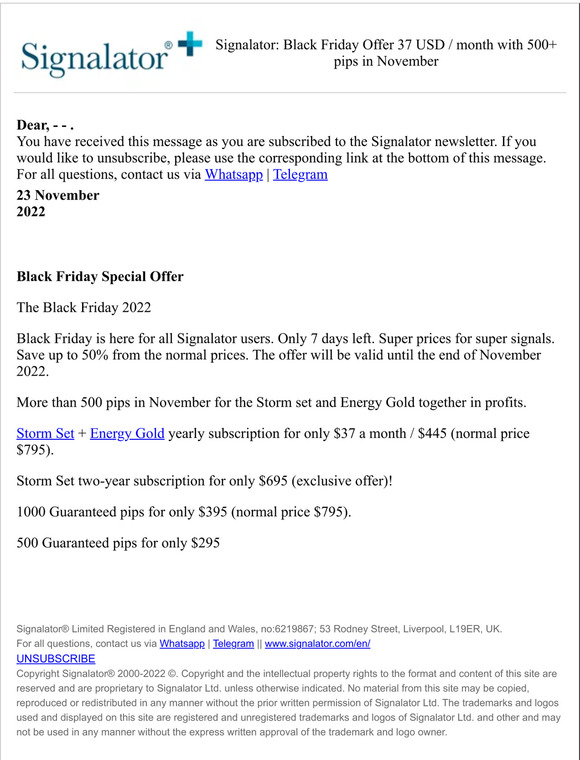 Signalator: Black Friday Offer 37 USD / month with 500+ pips in November